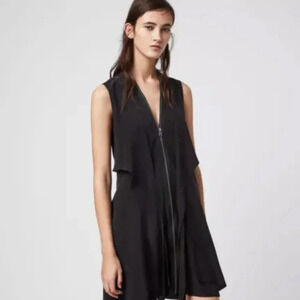 Beautiful All Saints Jayda 100% Silk Black Raw Hem Zip Dress Sheer lined Size 8